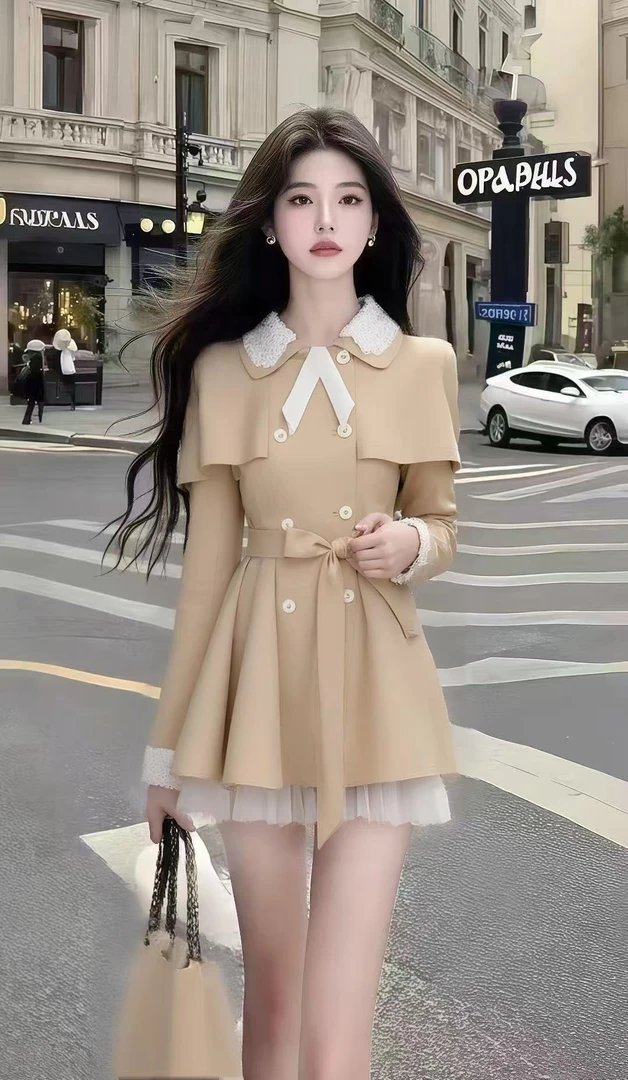 小个子早秋时尚氛围感穿搭卡其色长袖收腰系带别致设计感连衣裙女