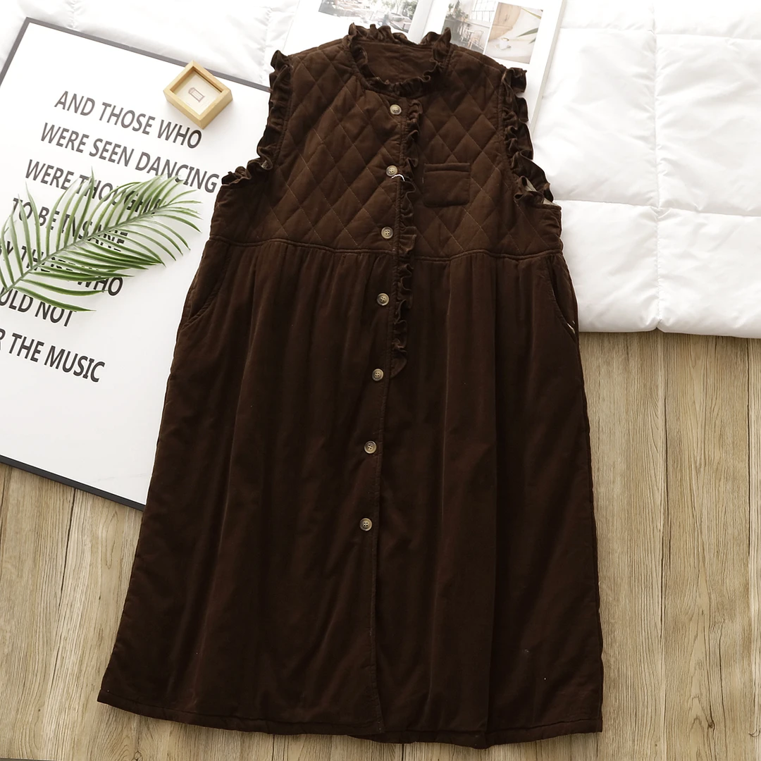 森系冬季温暖灯芯绒夹棉加厚连衣裙复古高腰显瘦无袖背心裙长裙子