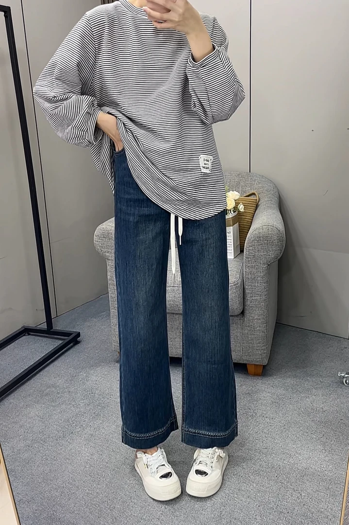 【雅妃家】窄版孕妇阔腿裤秋季2025新款抽绳时尚九分裤直筒牛仔裤子
