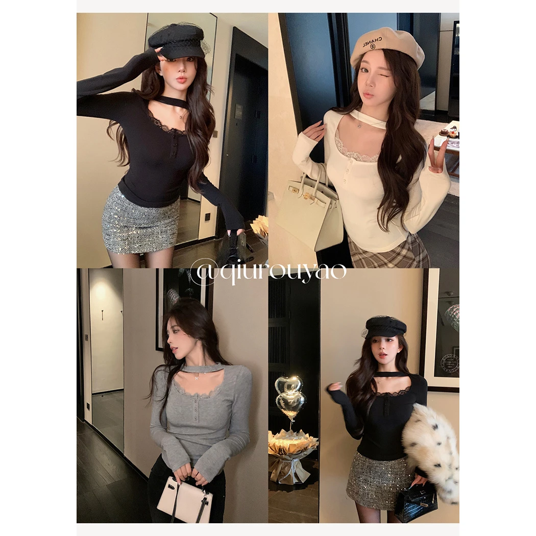 邱肉瑶 挂脖u领修身打底衫女冬季新款高级感蕾丝拼接针织衫