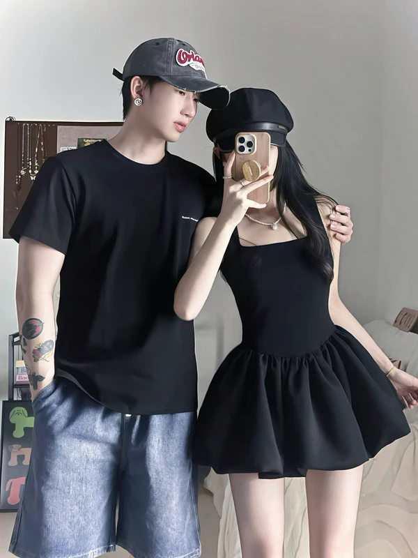 情侣装夏季小众辣妹风黑色修身显瘦女连衣裙男短袖T恤一裙一衣