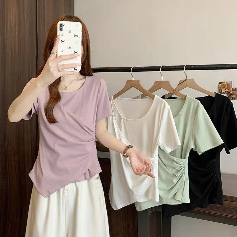 温柔风不规则收腰修身显瘦短袖上衣2025夏季新款大码胖mm时尚百搭