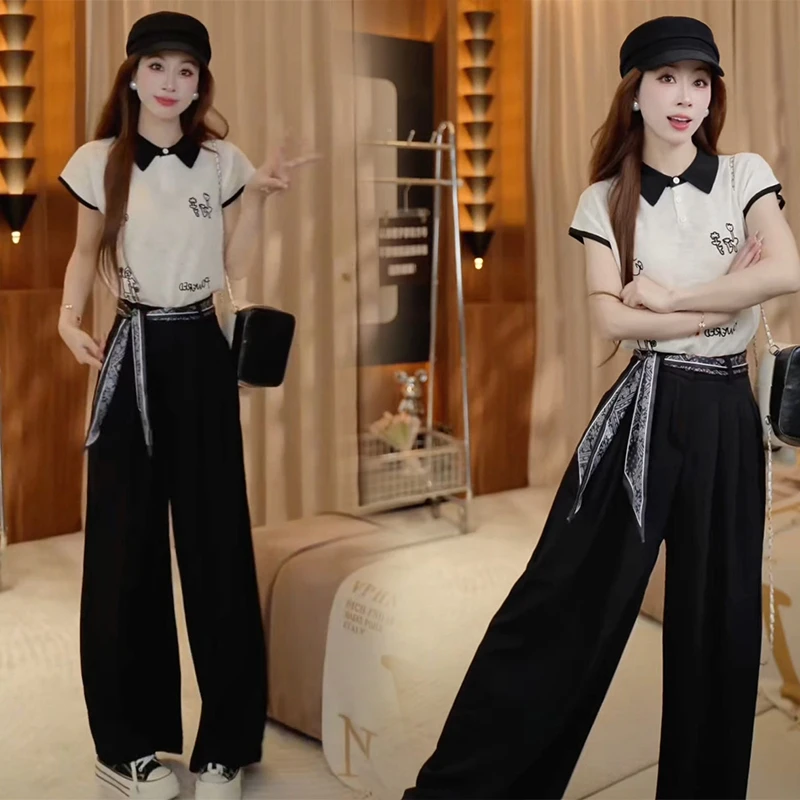 2025夏装新款撞色卡通图案polo领短袖上衣垂感休闲阔腿裤两件套潮