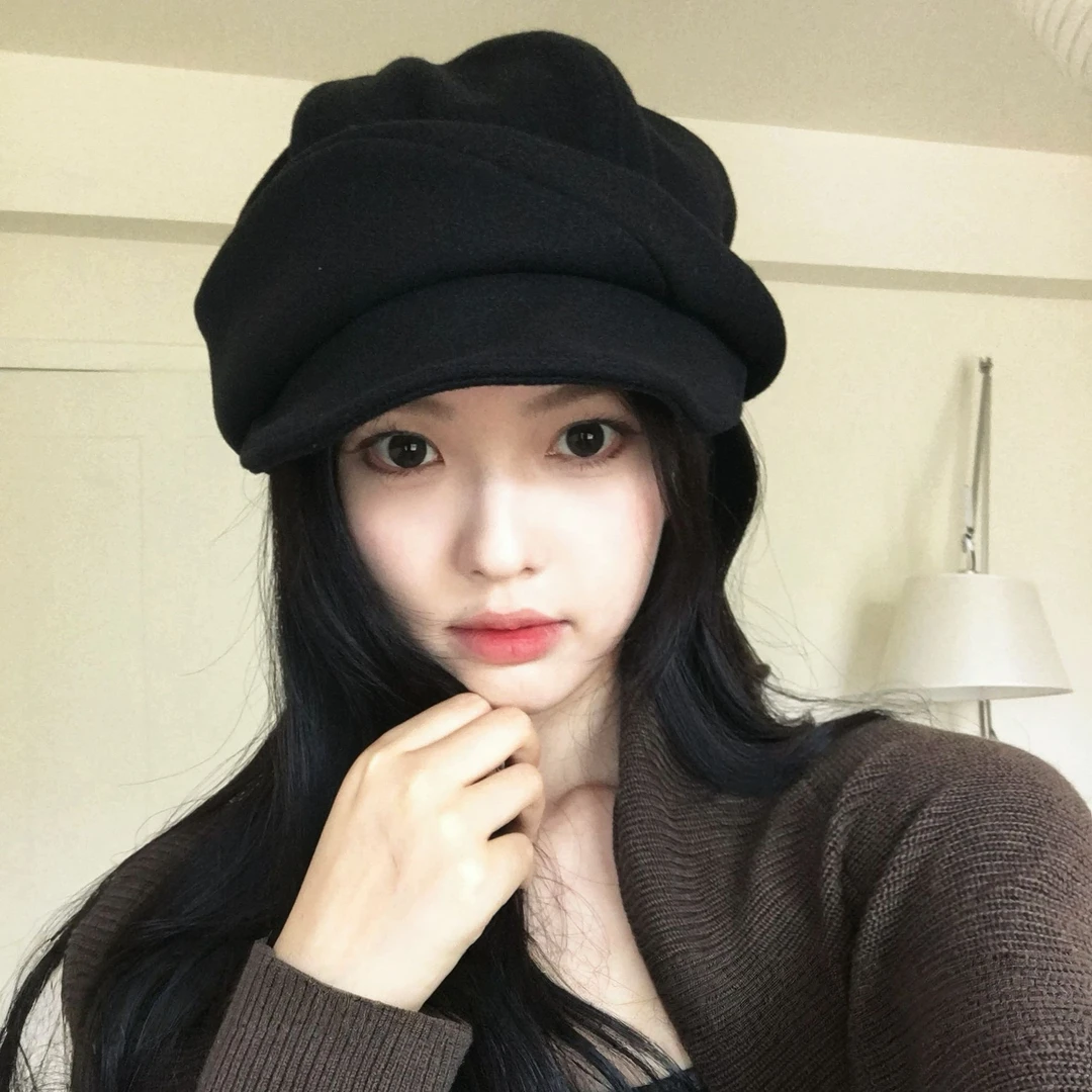 CZON·张婧仪同款黑色毛呢贝雷帽女秋冬季显脸小八角帽