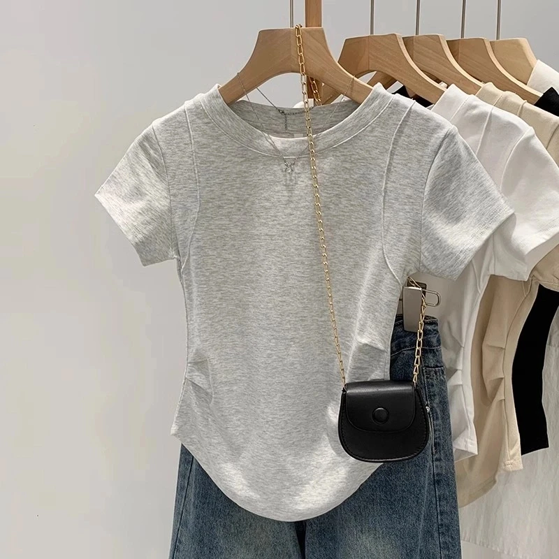 【不起球不褪色】短袖韩版t恤小众设计感鱼骨纯欲风辣妹紧身起球T恤