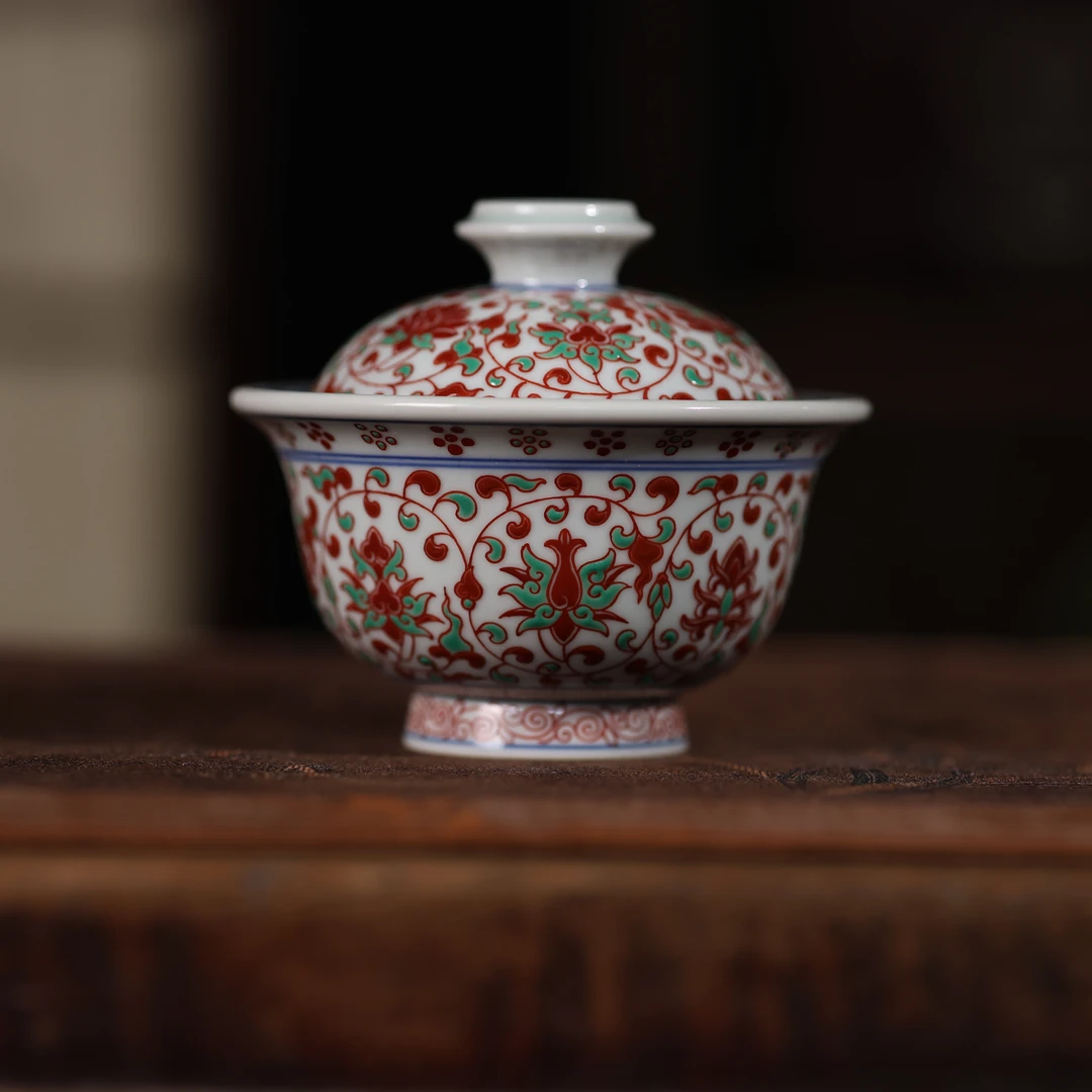 【九姐爱喝茶】立勤堂红绿彩缠枝莲满绘盖碗（HLC-GW-017）