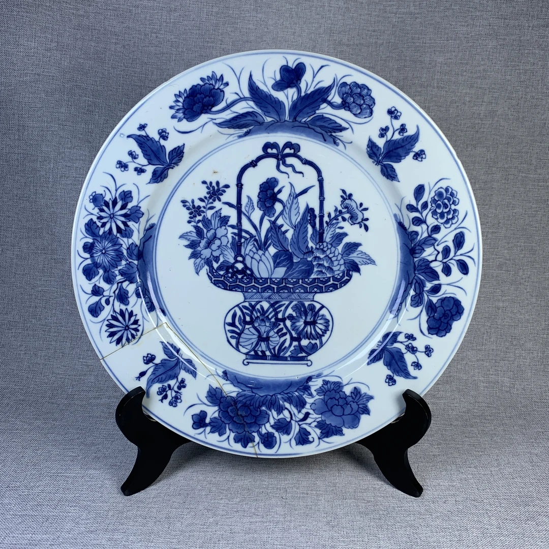 清代青花提篮花卉瓶盘古瓷器真品国营镇江市文物商店库出5128236