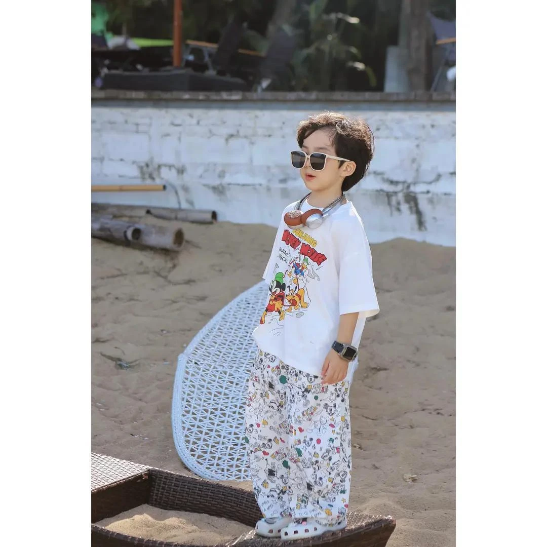 悠悠万达男童儿童2025夏季新款卡通印花短袖满印长裤套装两件套潮