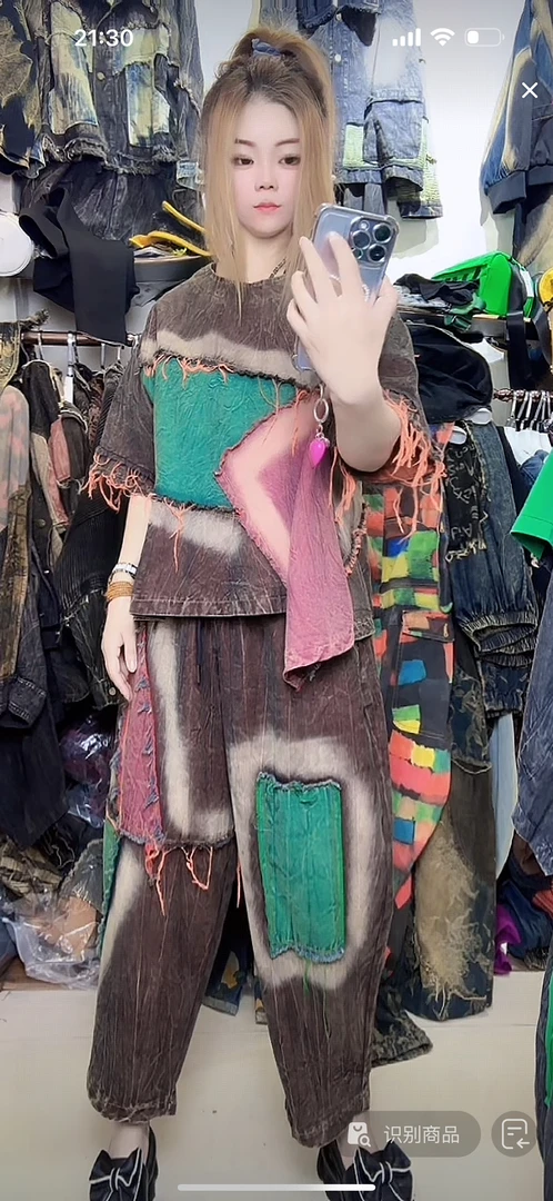 夏装新款个性撞色拼接毛边不规则上衣松紧腰哈伦裤牛仔套装两件套