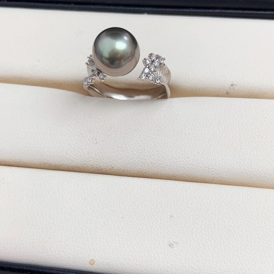 戒圈银S925镶嵌海水珍珠大溪地铂金灰戒指