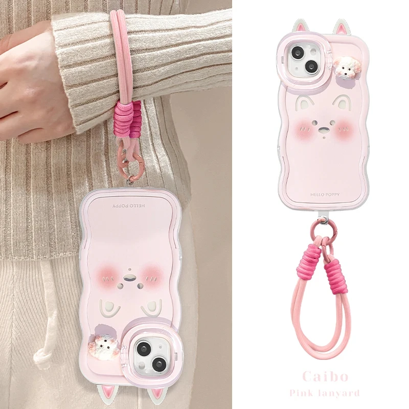可爱粉小狗挂绳适用苹果16promax双支架手机壳华为vivo小米15oppo