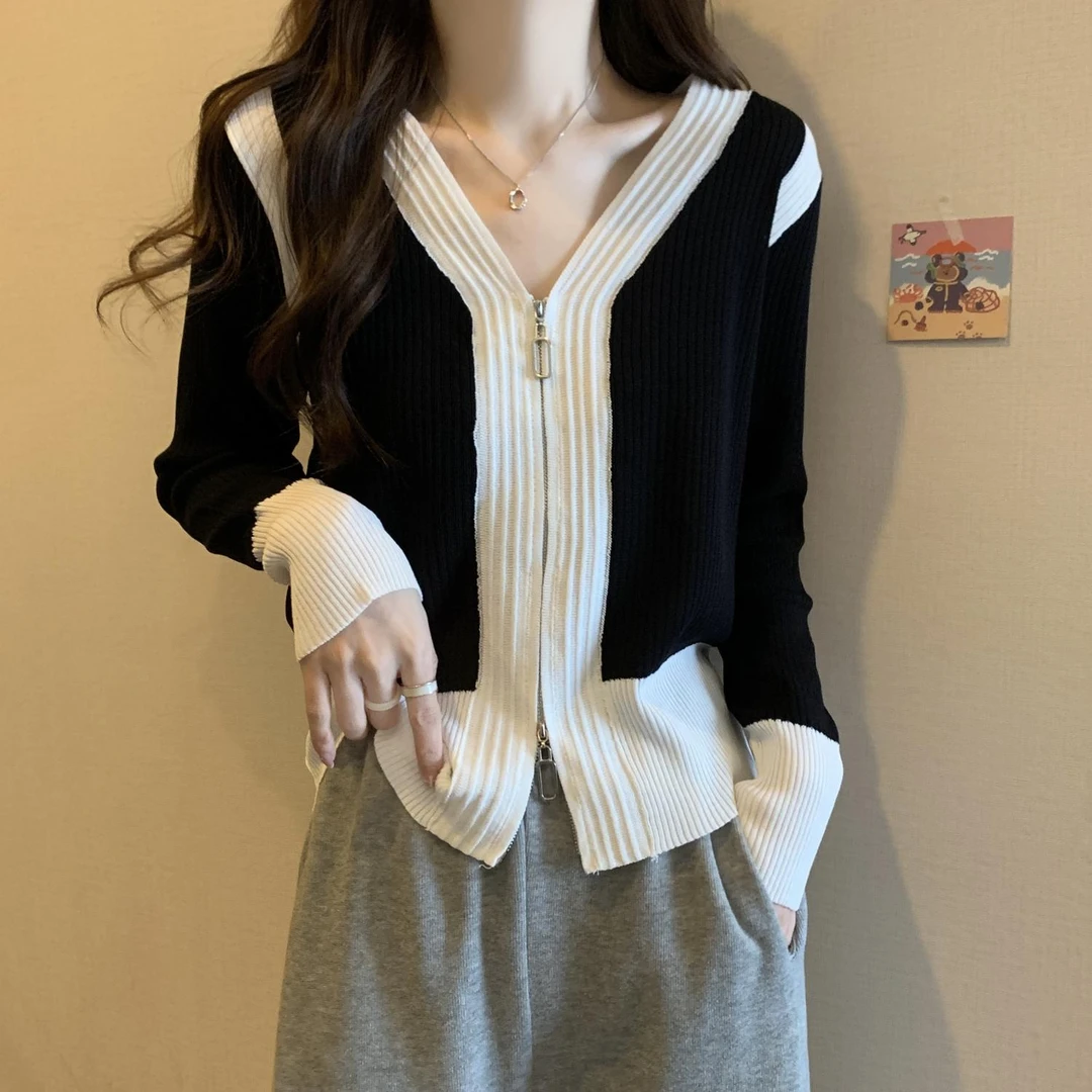 大码遮肚子双拉链长袖针织开衫女秋季新款胖MM显瘦撞色上衣打底衫