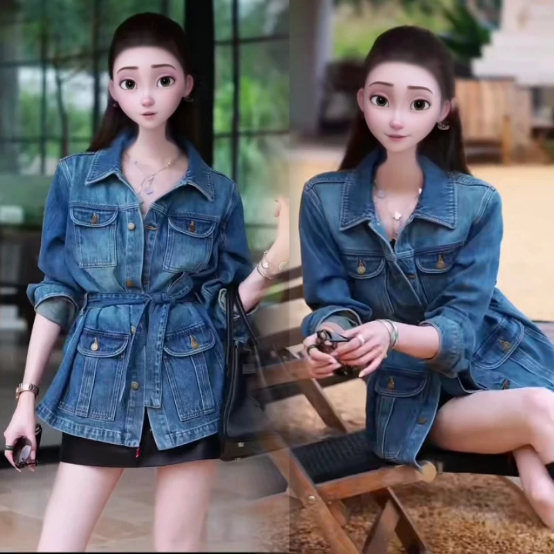 2025新款经典水洗工艺原始质感复古翻领单排扣系带收腰牛仔外套