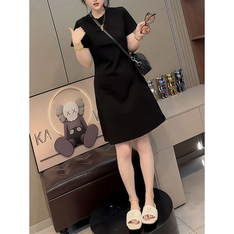 2025夏季新款宽松圆领短袖T恤裙子大码女装微胖mm遮肉显瘦连衣裙