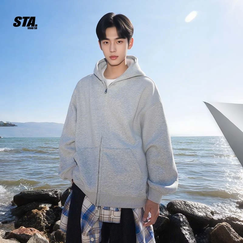 美式拉链纯色卫衣宽松开衫复古连帽卫衣男女秋冬休闲新款外套潮牌