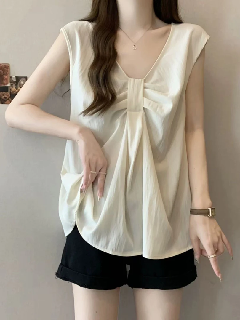 夏季新款通勤甜美风法式无袖夏装纯色设计感薄款上衣女