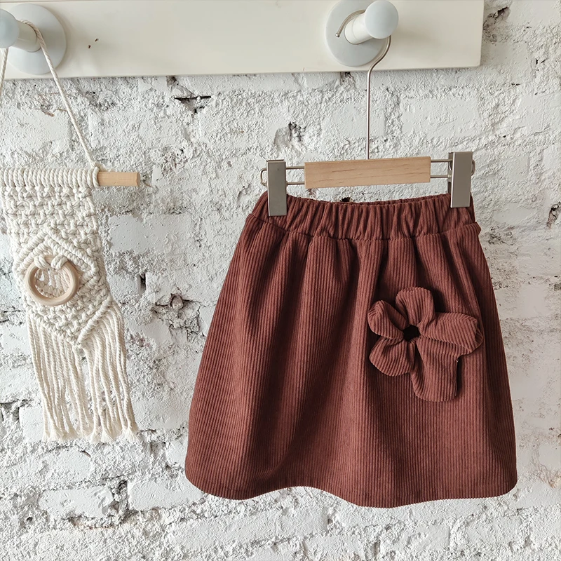 A 404923-半身裙安蒂宝贝新款坑条灯芯绒咖色加绒双层女童半身裙