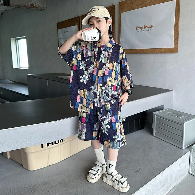 巴拉扣扣儿童花衬衫套装2025夏季新品男童港风花衬衣沙滩度假装男