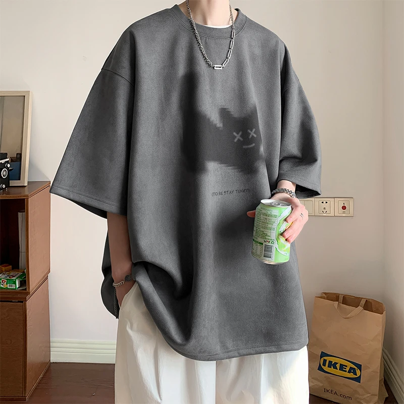 深灰猫咪仿麂皮绒重磅300g短袖t恤男夏季美式潮牌宽松情侣五分袖