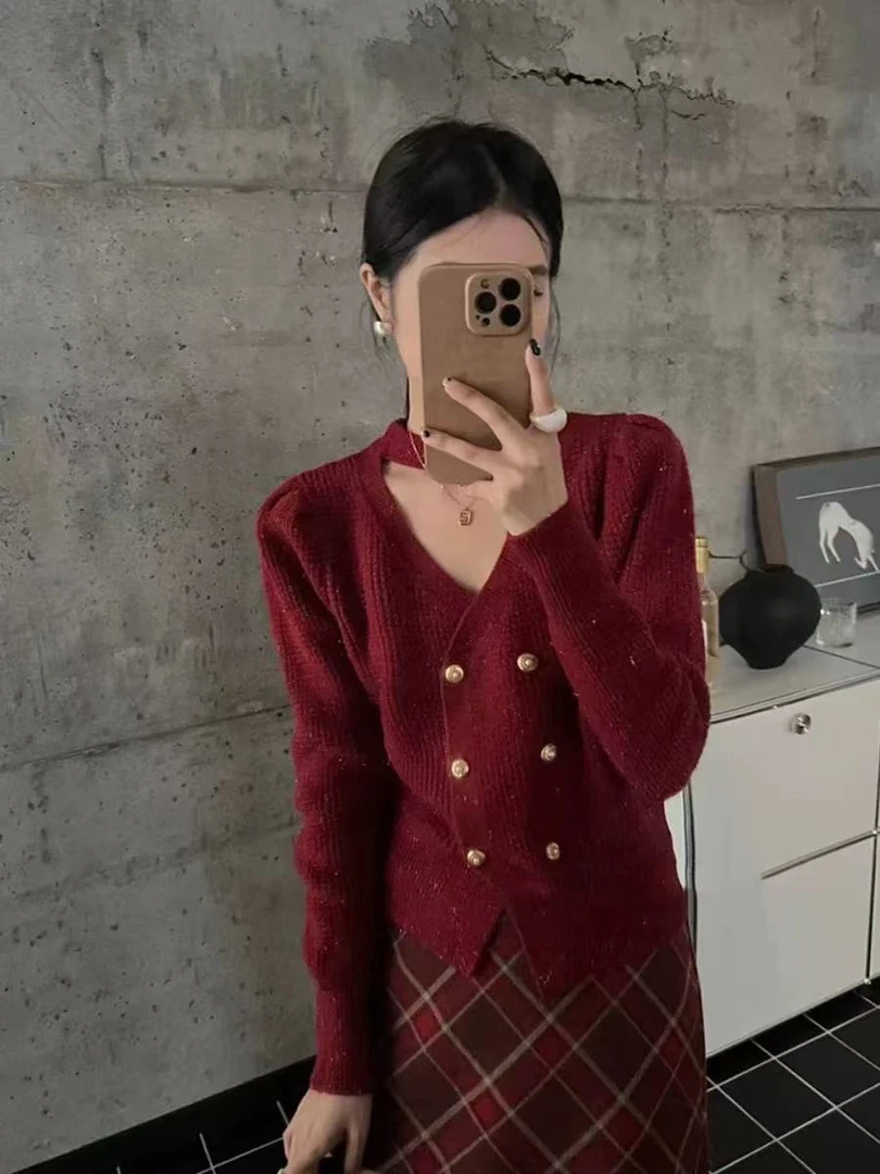 法式冬季短款V领女长袖毛针织衫女装气质百搭显瘦
