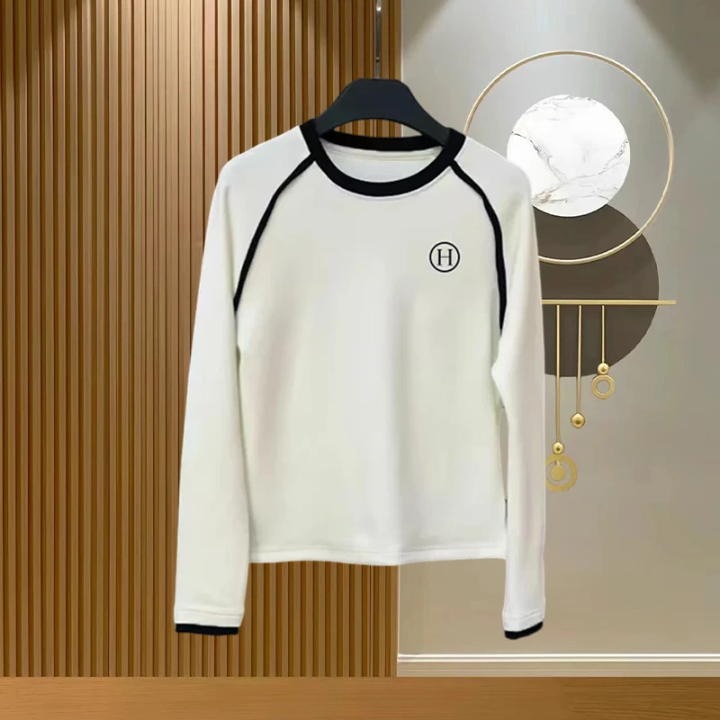 时尚休闲打底衫女秋冬2024新款洋气减龄刺绣拼色长袖百搭显瘦上衣