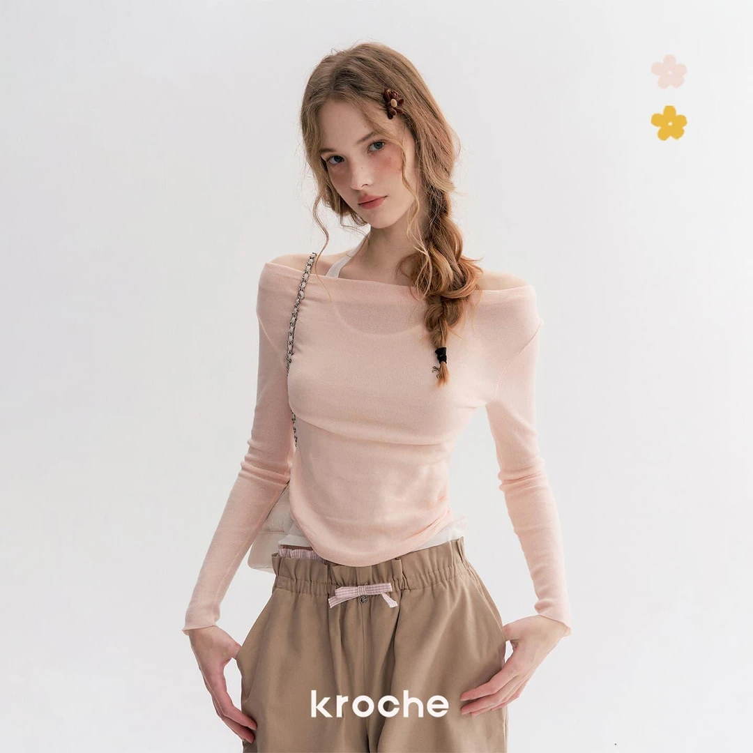 Kroche 25aw 慵懒法式 撞色假两件 抽褶弧型挂脖一字肩长袖针织衫