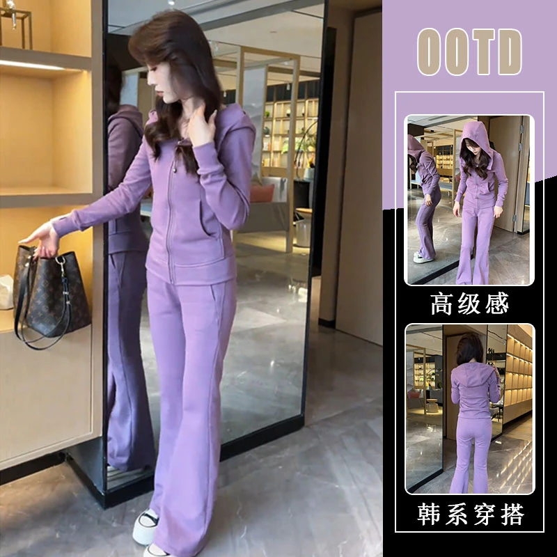 休闲风运动瑜伽套装女2025春季新款连帽修身卫衣微喇裤两件套女装