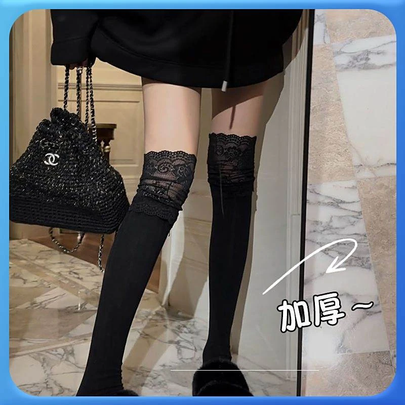 蕾丝高颜值花边过膝长筒袜女秋冬新款竖纹显瘦纯欲风jk日系堆堆袜