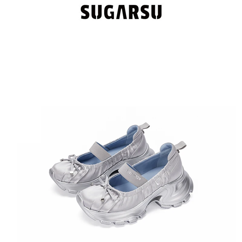 SugarSu酥履 25年春季新款运动芭蕾厚底高跟玛丽珍真皮单鞋女银色