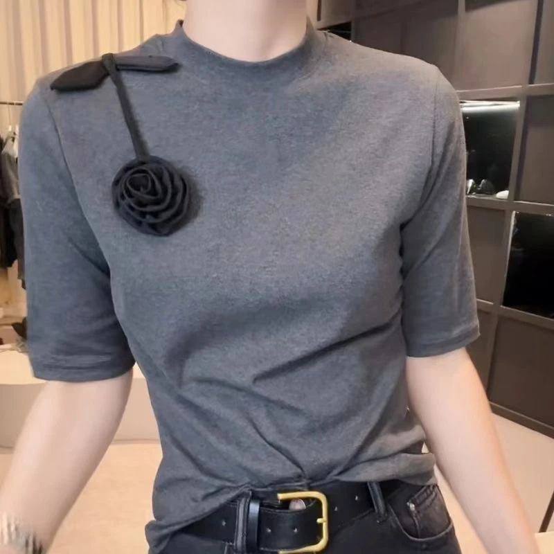 【黑玫瑰】秋冬季针织衫套头花朵半高领中袖宽松女装显瘦百搭上衣
