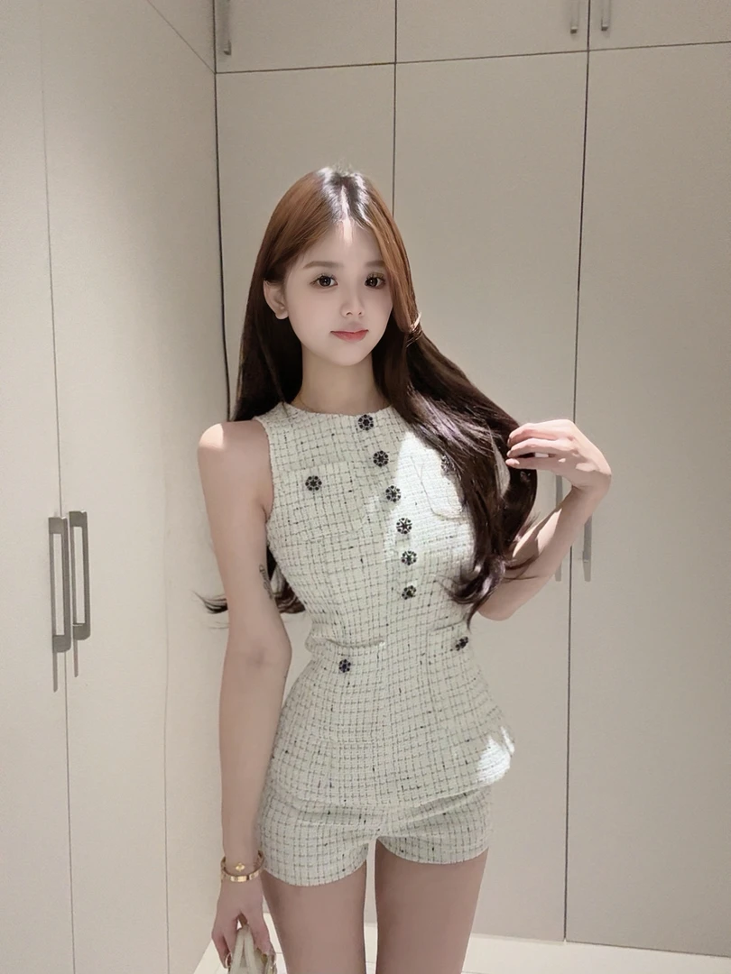 【CUTE专属】法式小香风无袖背心上衣+高腰阔腿短裤气质时尚套装