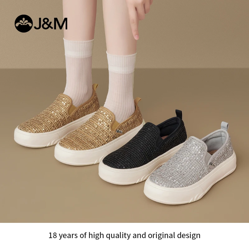J&M/快乐玛丽2025新款亮片平底一脚蹬百搭休闲运动鞋女88091W