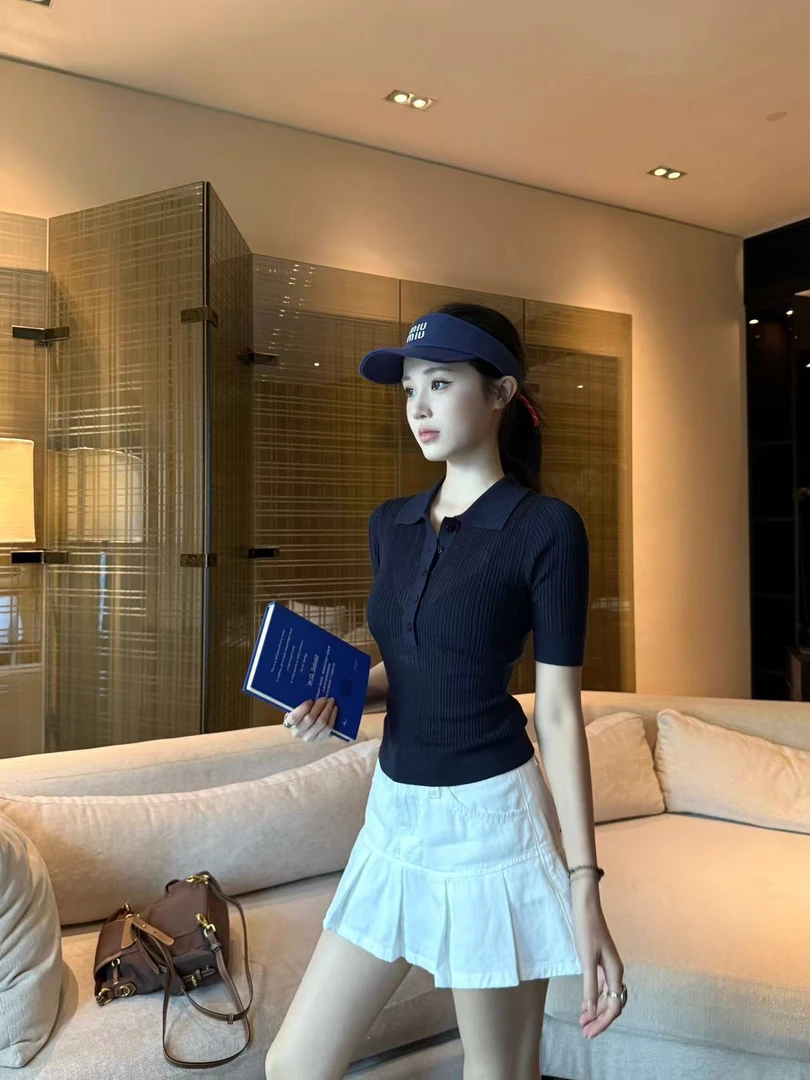 不冷BULENG miu系时髦短袖翻领镂空polo衫女夏季修身显瘦针织上衣