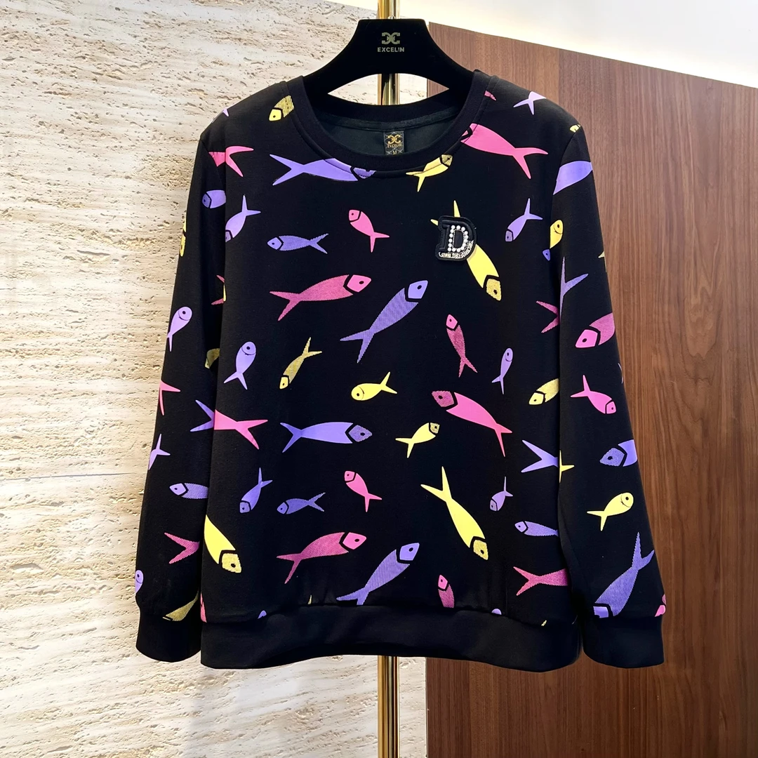 【年年有鱼圆领卫衣】秋冬休闲高级显瘦减龄烫钻套头卫衣女士上衣