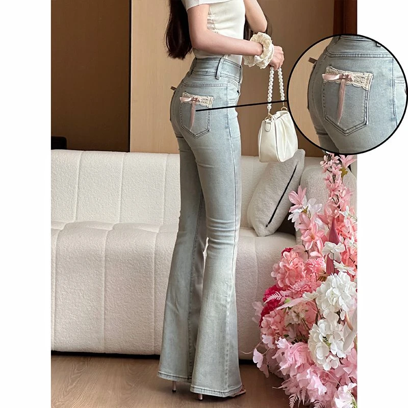 蝴蝶结蕾丝拼接微喇牛仔裤女2025秋季新款高腰弹力提臀显瘦长裤