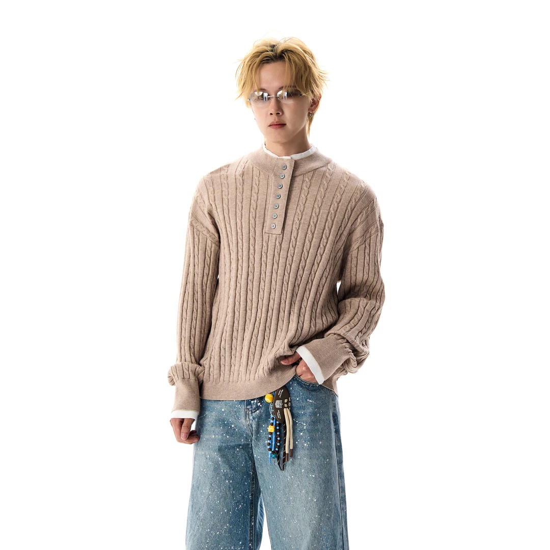 J LONE老钱风假两件麻花亨利领毛衣男女高级感慵懒宽松套头针织衫