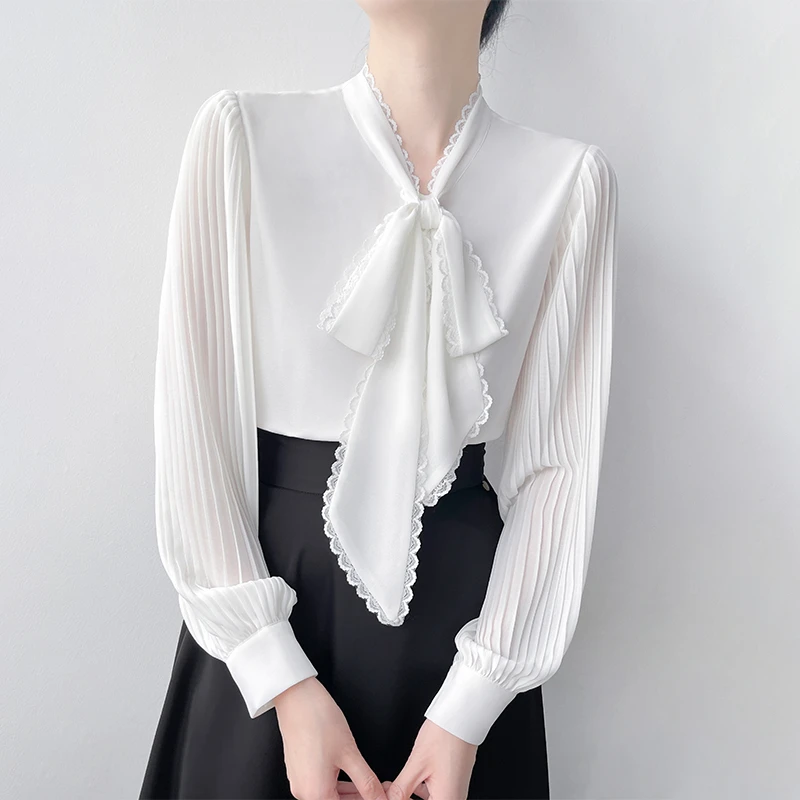【云汐漫漫】白色衬衫女秋季新款风琴百褶袖衬衣蕾丝蝴蝶结系带上衣