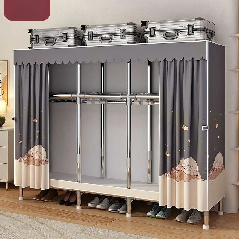 新疆包邮简易衣柜家用卧室钢架加粗加厚布衣柜出租房组装立式落地