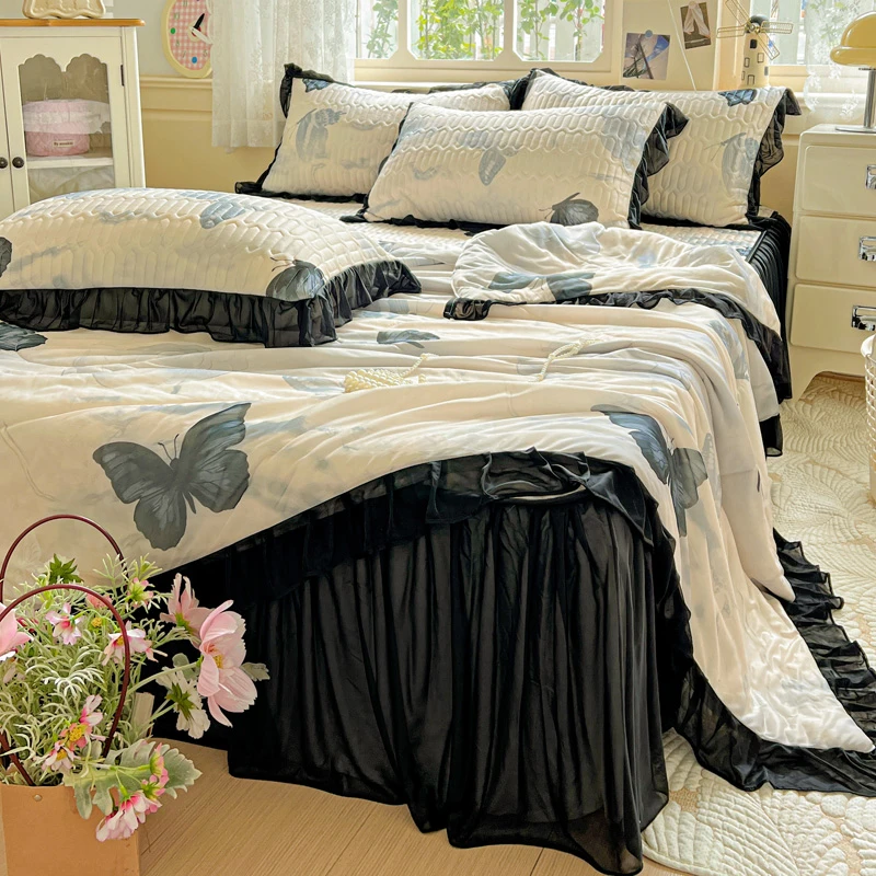 水星系列轻奢2025新款凉感丝床裙款枕套花边凉席夏被四件套