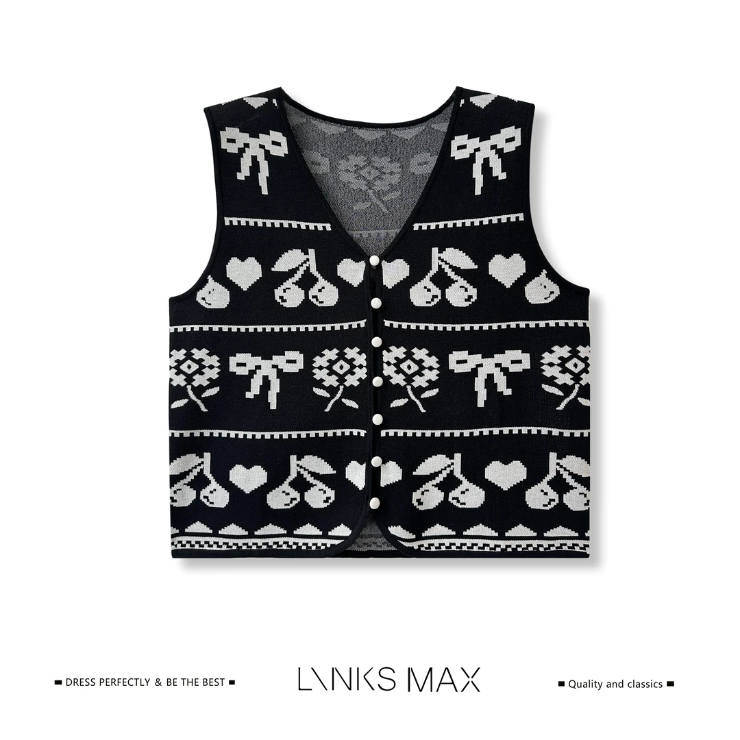 Links Max【可可专属】复古V领黑白撞色提花针织马甲60953