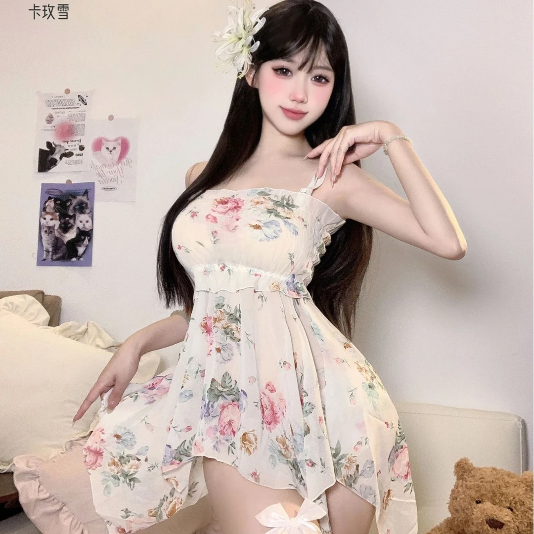 睡衣性感收腰显瘦小碎花不规则裙摆女温柔系吊带裙