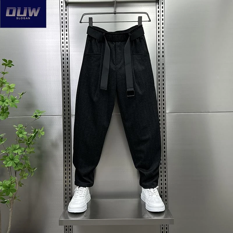 O.U.W2025初秋条纹哈伦裤韩版美式复古毛呢西裤男士痞帅老爹裤子