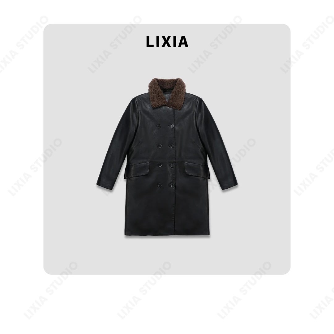 LIXIA【落日余晖】英伦风中长款绵羊植鞣皮双排扣鹅绒皮衣-A8277