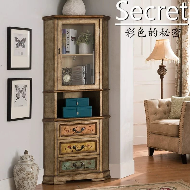 美式复古墙角柜古典彩绘别墅实木小户型橱柜厨子书柜酒柜转角客厅