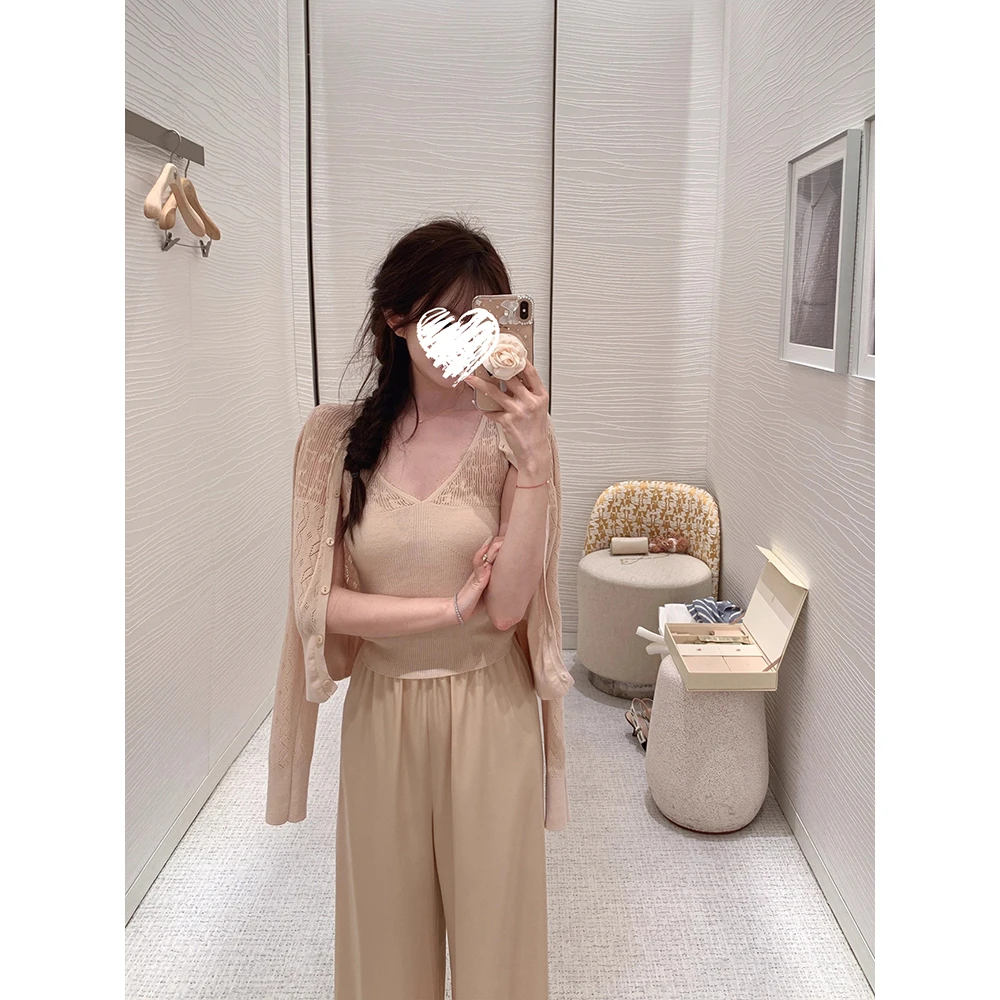 春秋薄款针织开衫长袖外套+吊带背心+直筒垂感休闲裤 60605