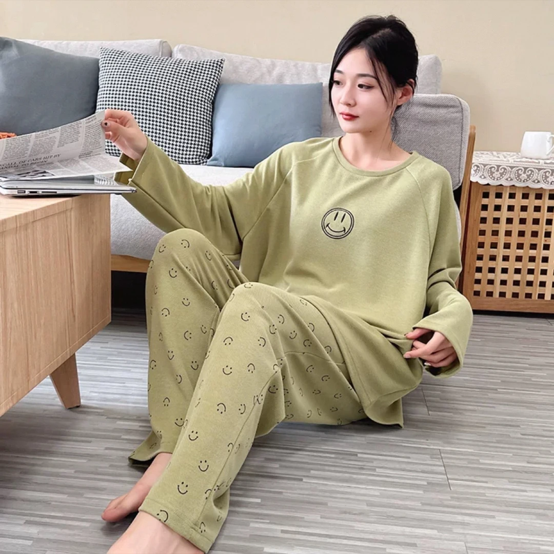 睡衣女冬季新款德绒长袖长裤韩版时尚家居服套装（清新绿笑脸）