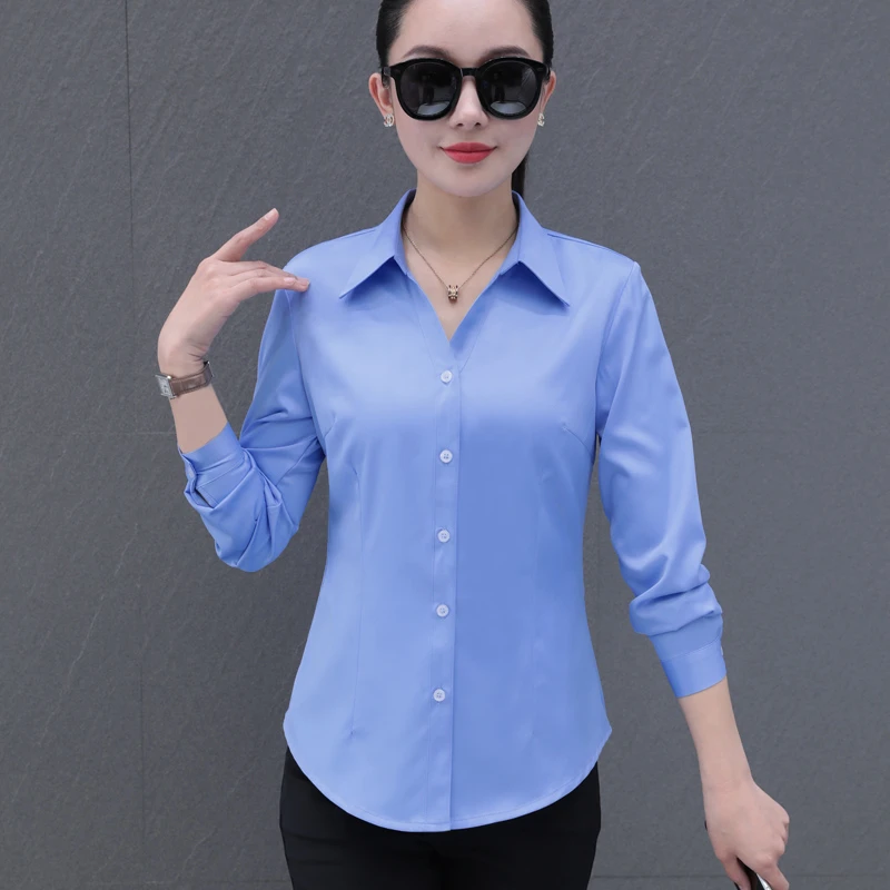 职业v领衬衫女长袖春季新款气质工装正装工作服面试免烫蓝色衬衣