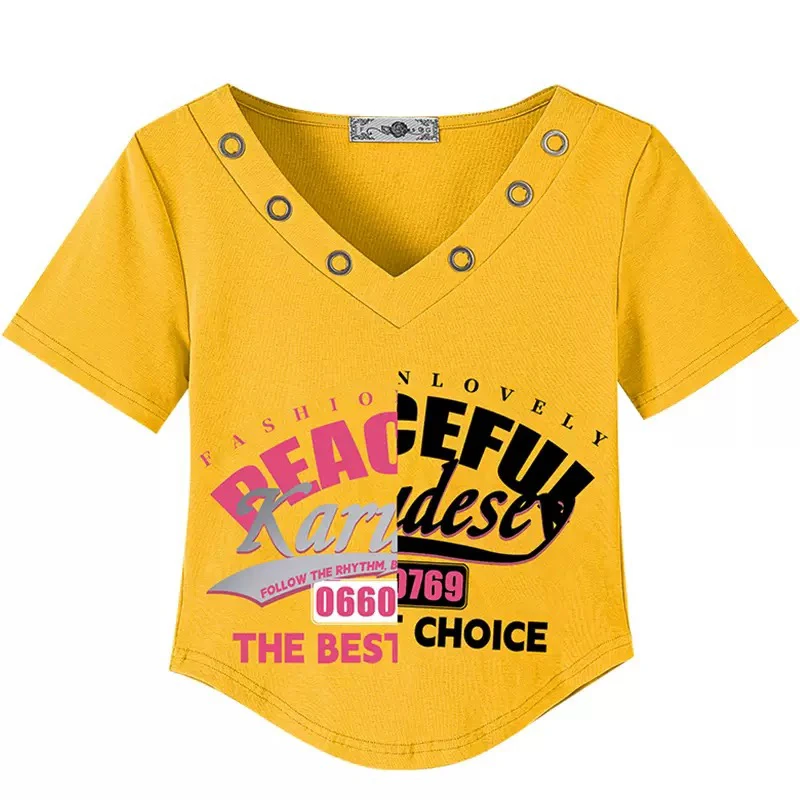 新丽服饰-2025新款显瘦V领T恤弧形衣摆-2387