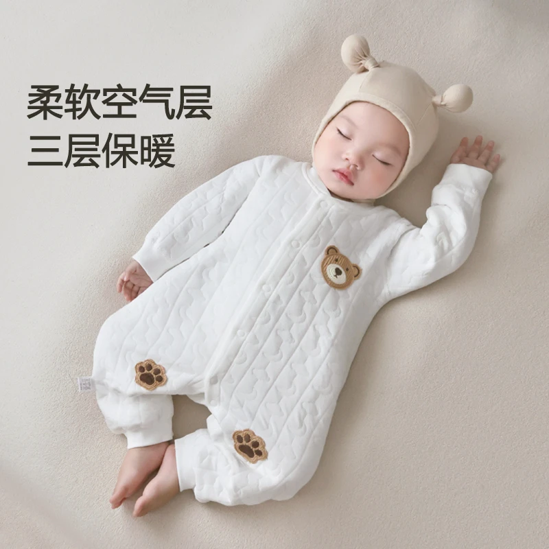 新款婴儿时尚三层夹棉连体衣男女宝宝秋冬装保暖哈衣