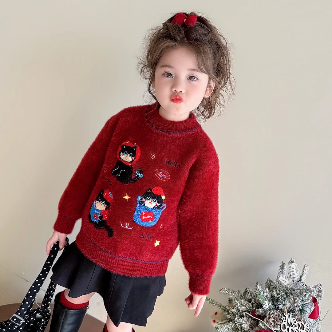女童加绒毛衣2025秋冬季新款儿童洋气一体绒针织衫宝宝加厚打底衫